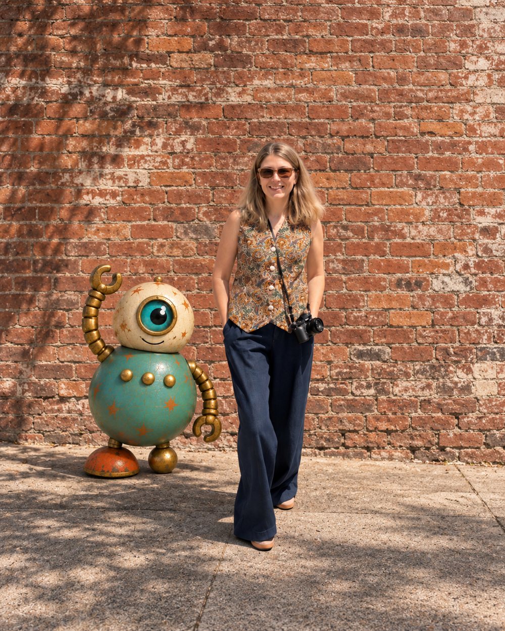 Azade standing in front of a brick wall, smiling, with a camera on a strap and the small teal robot beside her